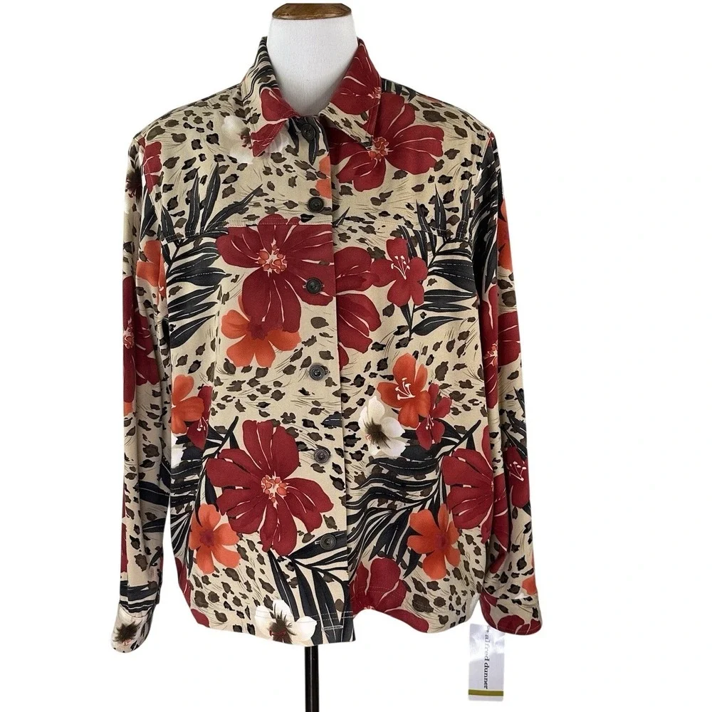 NWT Alfred Dunner Long Sleeve Button Jacket Shirt Tan Red Floral Animal Print 14